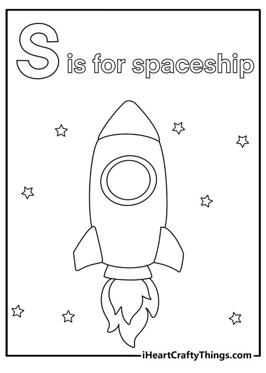 S is for spaceship flying past stars printable coloring page
