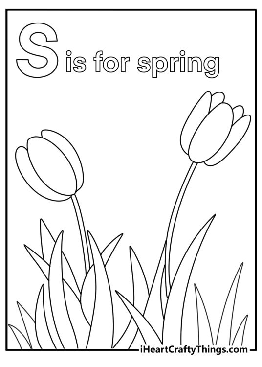 S is for spring flowers growing in meadow easy coloring page
