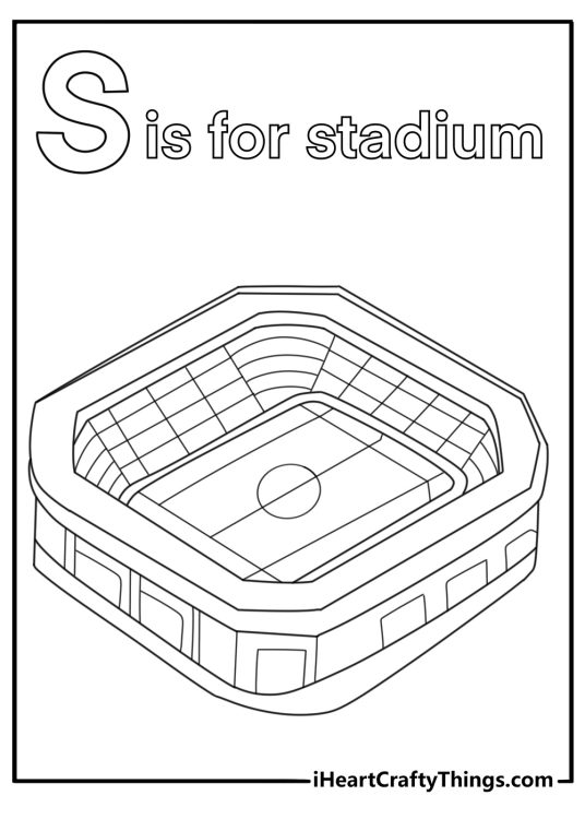 S is for stadium with soccer field sports coloring page
