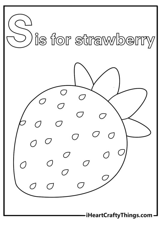 S is for strawberry with leaves and seeds easy printable coloring sheet