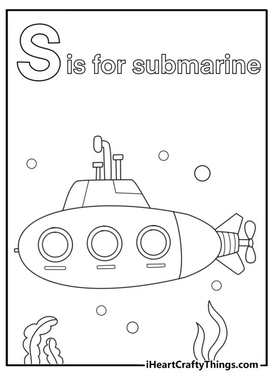 S is for submarine underwater scene coloring page for kids