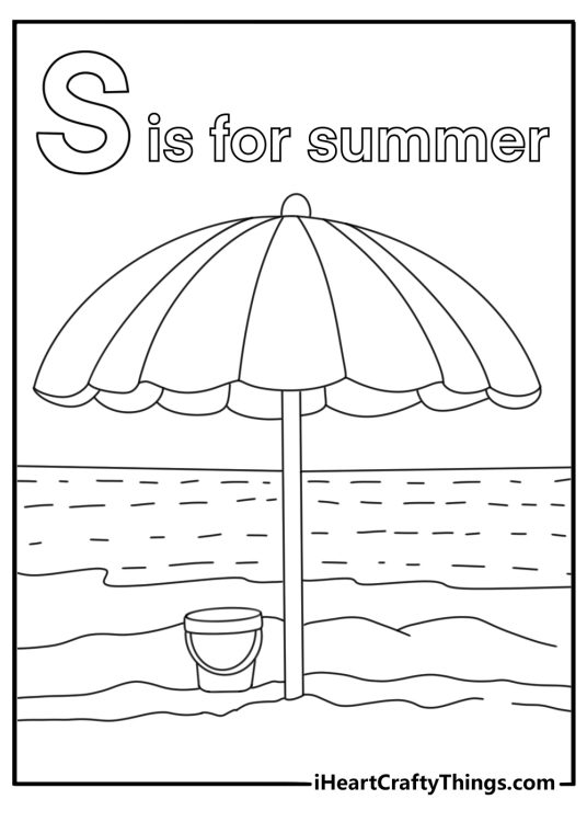 S is for summer beach scene with umbrella and sand bucket coloring sheet