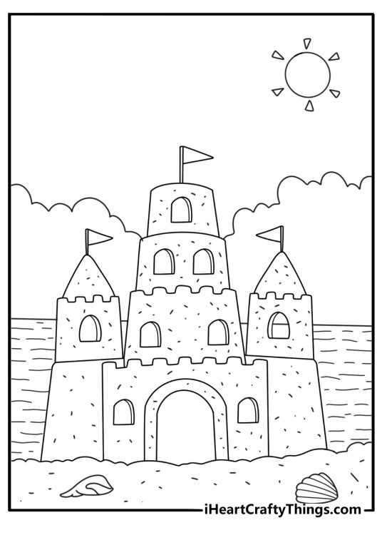 Sandcastle on beach with shells and bucket simple coloring page for kids