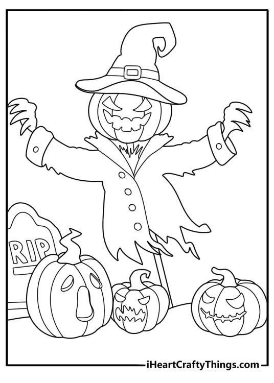 Scarecrow Jack O Lantern coloring page with straw hat and farm fence behind