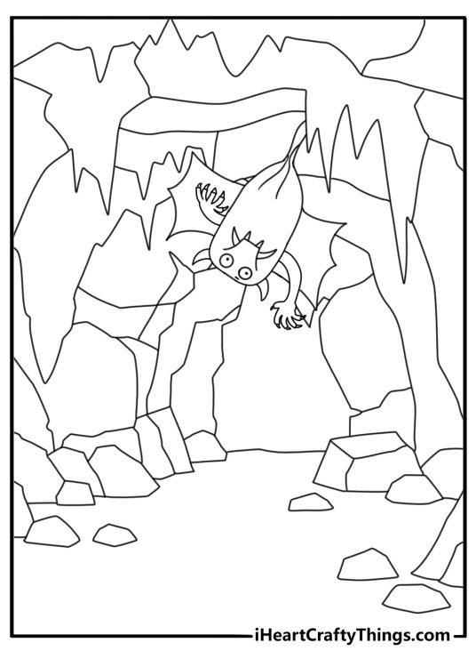 Scary monster coloring page with a cave creature reaching through hanging vines