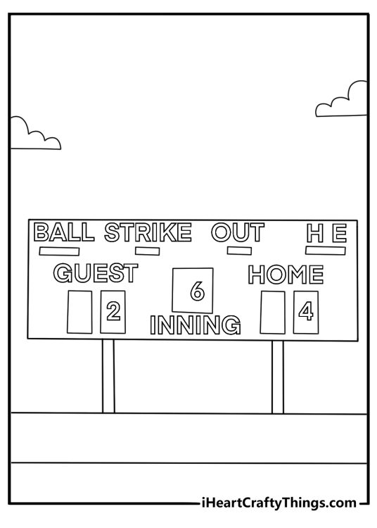 Scoreboard with inning numbers and team runs baseball printable coloring