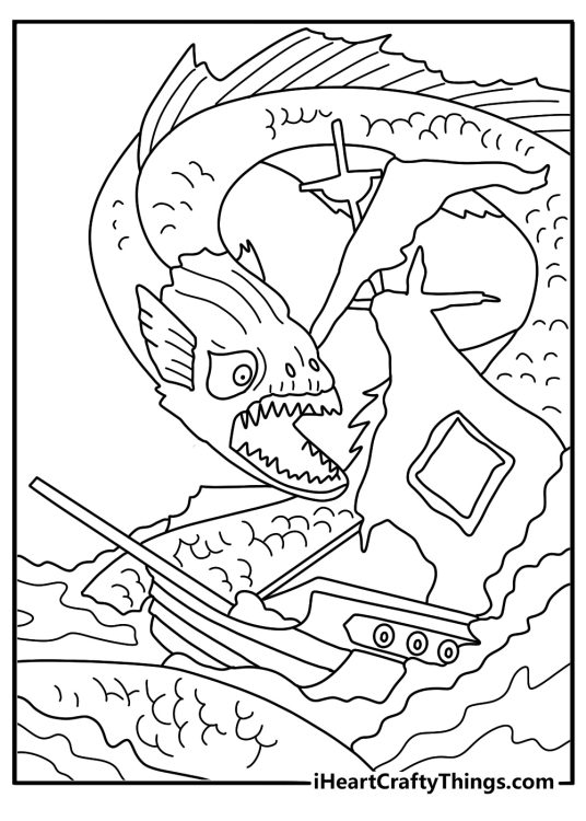 Sea monster coloring page with a serpent curling around an old ship