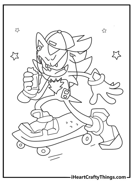 Shadow the Hedgehog riding a skateboard cartoon style coloring page