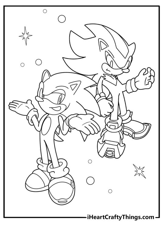 Shadow the Hedgehog standing next to Sonic printable coloring page for kids