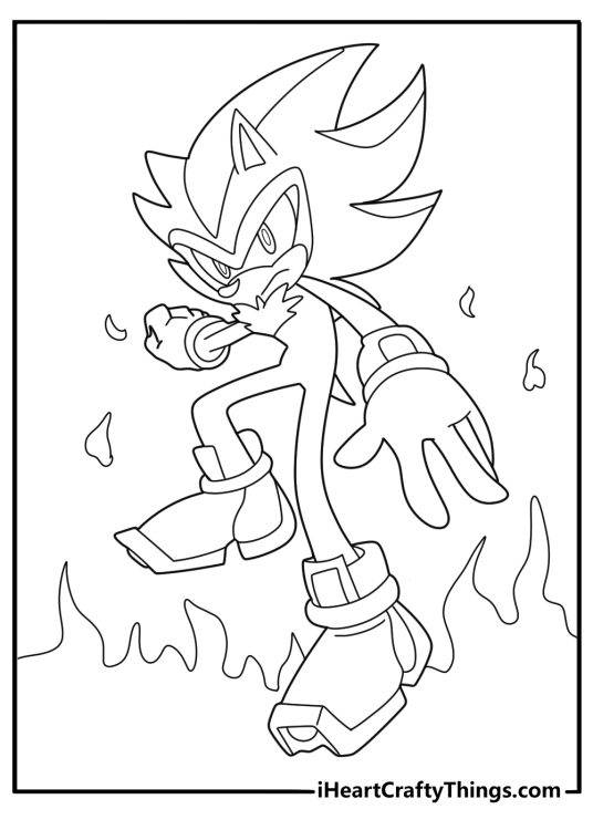 Shadow the Hedgehog surrounded by flames powerful coloring sheet