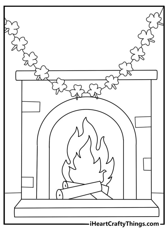 Shamrock garland across a fireplace easy coloring page for kids