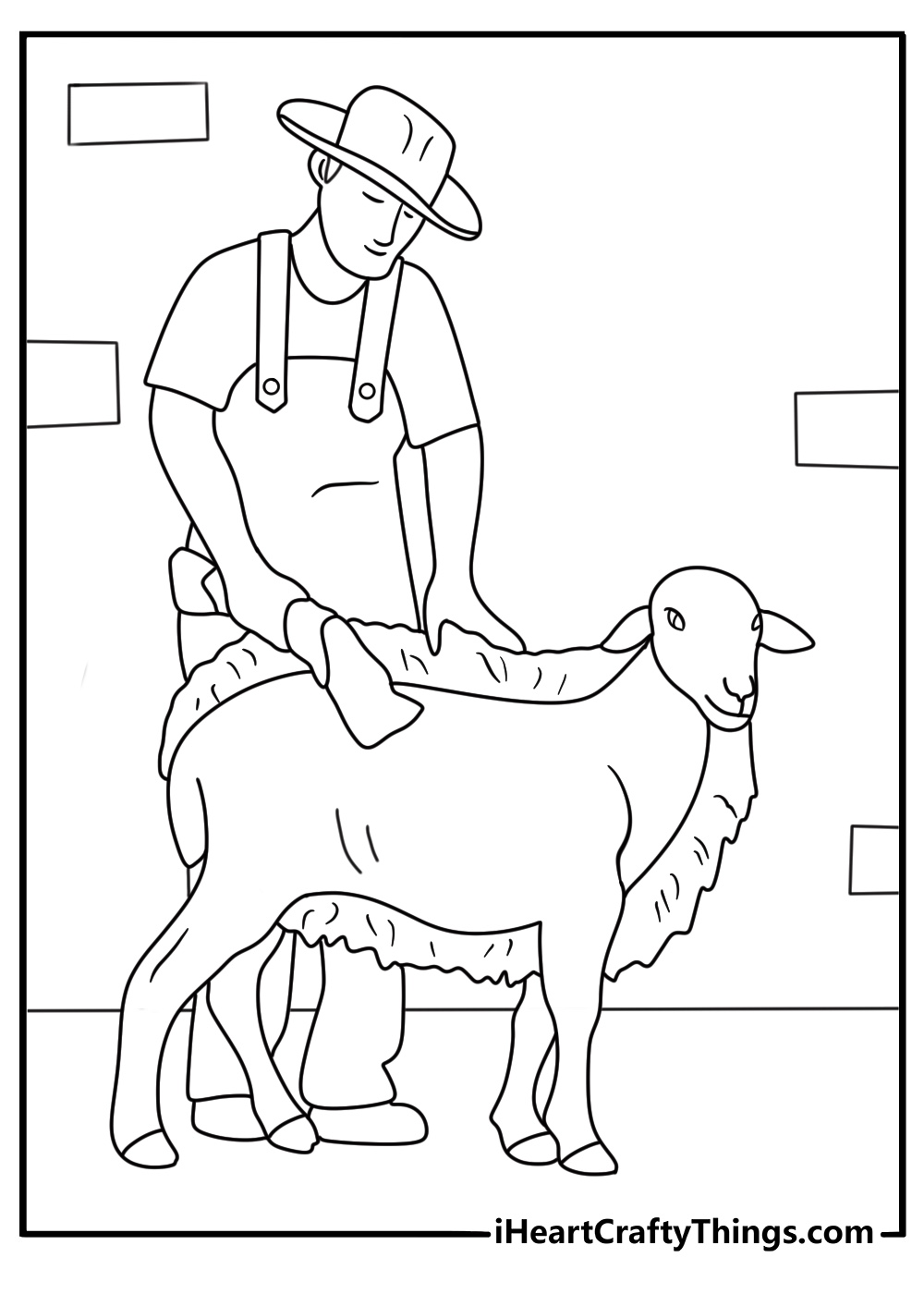 Sheep after shearing with bundle of wool nearby Farm Animal coloring page