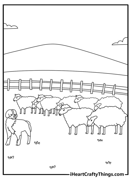 Sheepdog herding flock near gate Farm Animal coloring page