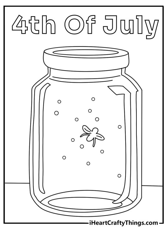 Simple 4th of July coloring sheet with a mason jar lantern and fireflies