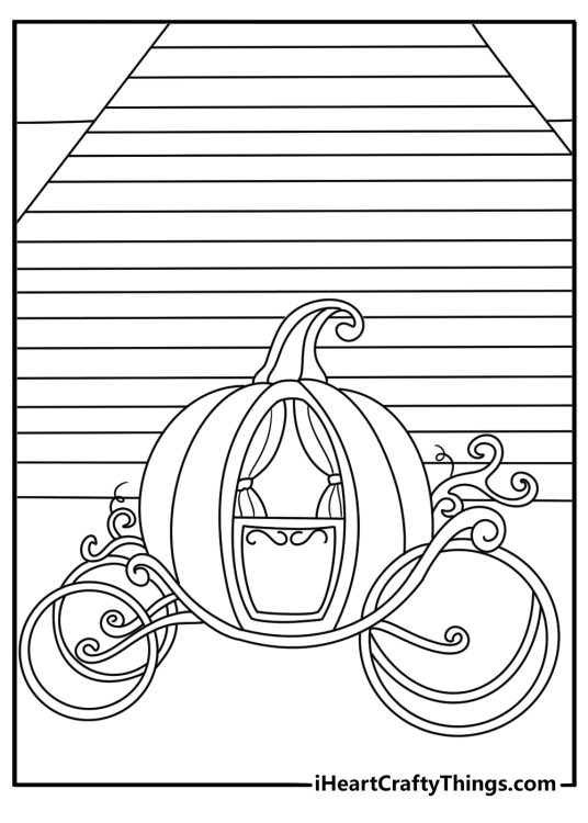 Simple Cinderella coloring sheet with a pumpkin carriage near castle gates