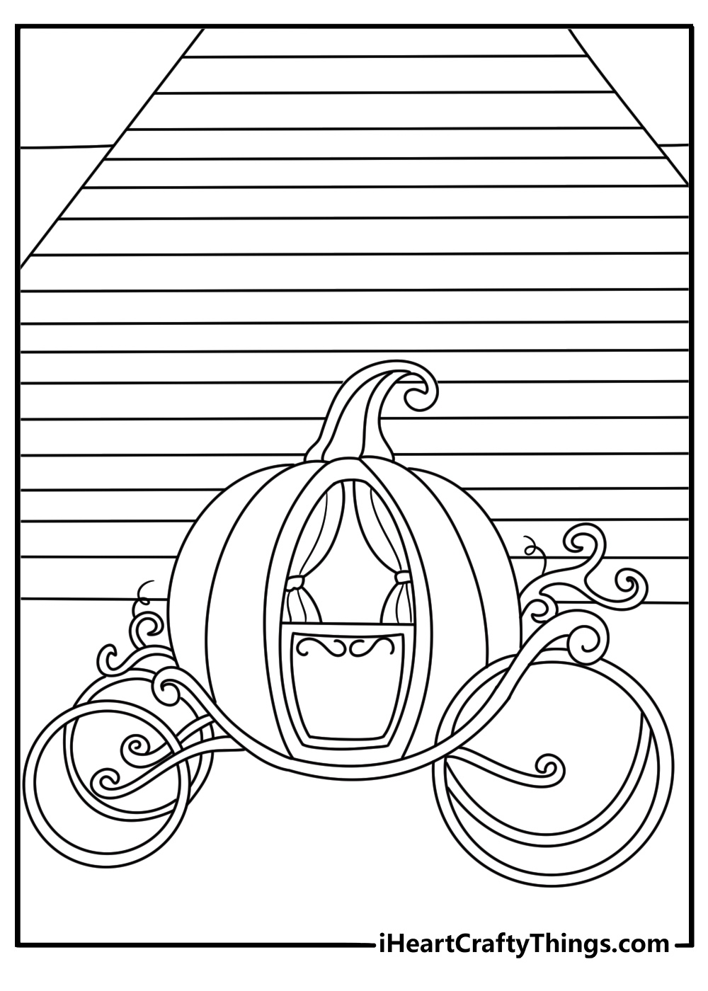 Simple Cinderella coloring sheet with a pumpkin carriage near castle gates