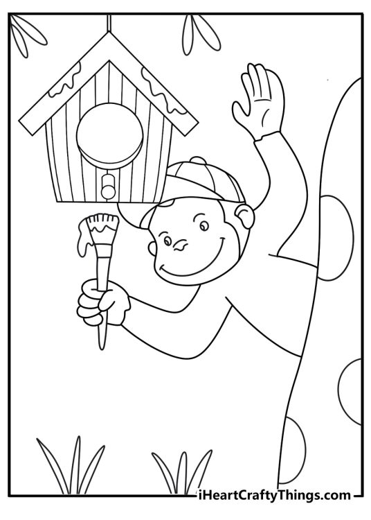 Simple Curious George coloring page with George painting a birdhouse