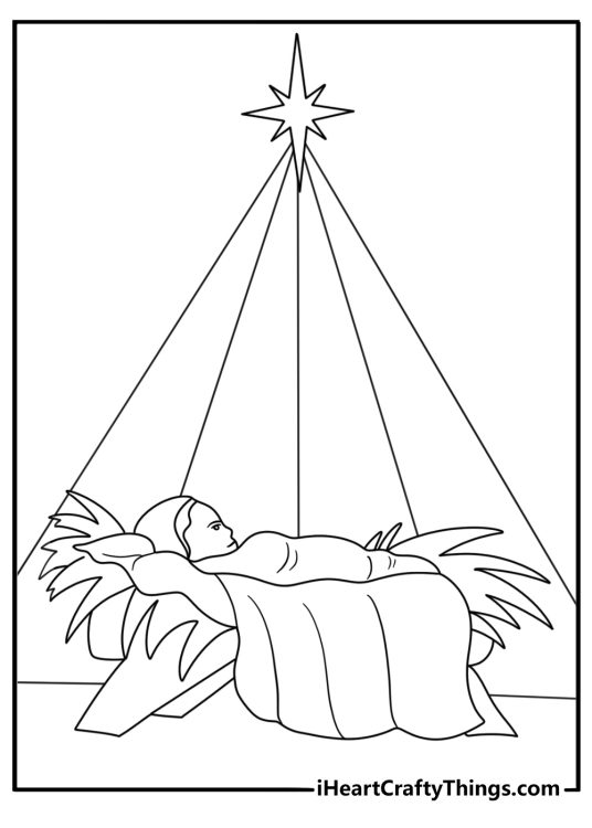Simple Jesus coloring page with Jesus beside a manger under a star