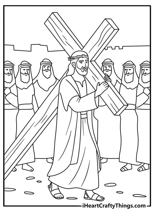 Simple Jesus coloring page with Jesus carrying a cross through a street