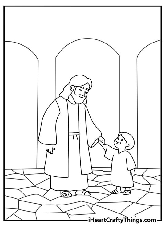 Simple Jesus coloring sheet with Jesus in the temple as a young boy