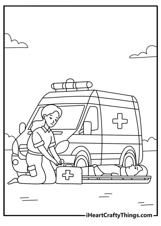 Simple ambulance coloring page for kids with a medic checking a first aid bag