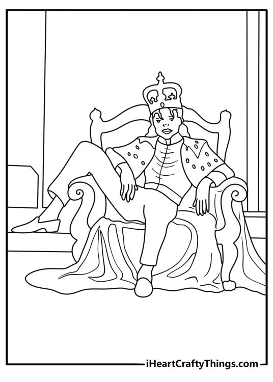 Simple coloring page of Michael Jackson in a throne chair with royal outfit