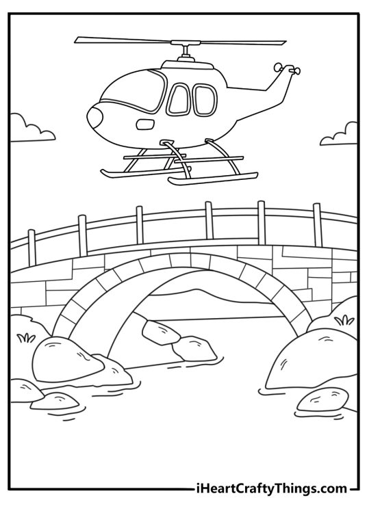 Simple coloring page with a helicopter hovering above a river bridge