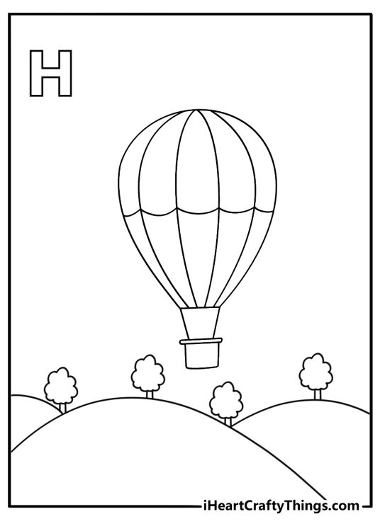 Simple coloring sheet of the letter H with a hot air balloon over hills