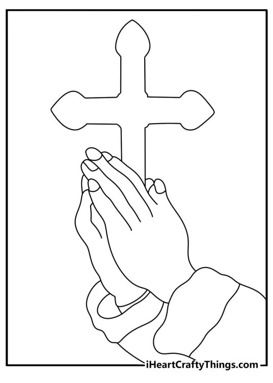Simple cross coloring page with a cross above praying hands