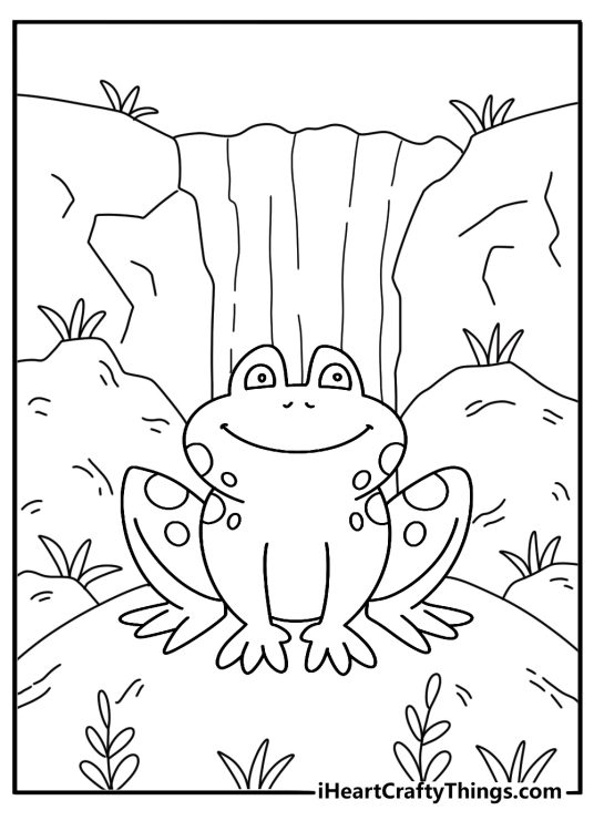 Simple frog coloring sheet with a frog beside a small waterfall