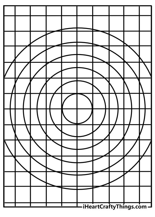 Simple geometric coloring sheet concentric circles and squares grid for kids