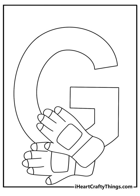 Simple letter G coloring page with a glove beside the uppercase G