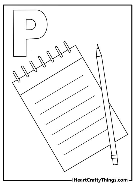 Simple letter P coloring sheet with pencil and notebook