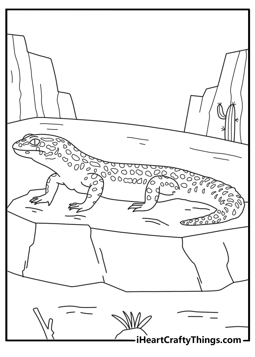 Simple lizard coloring page with gecko on desert rock ledge