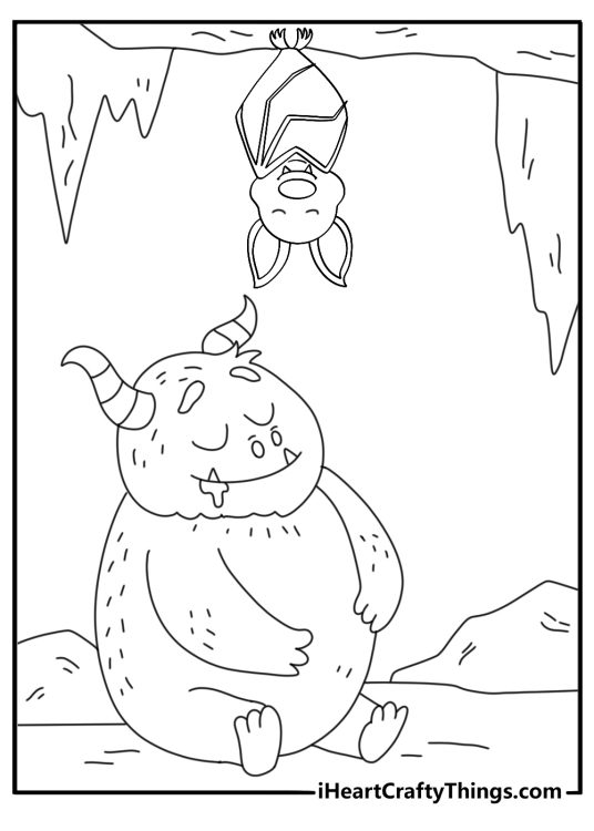 Simple monster printable with a sleepy cave creature under hanging bats