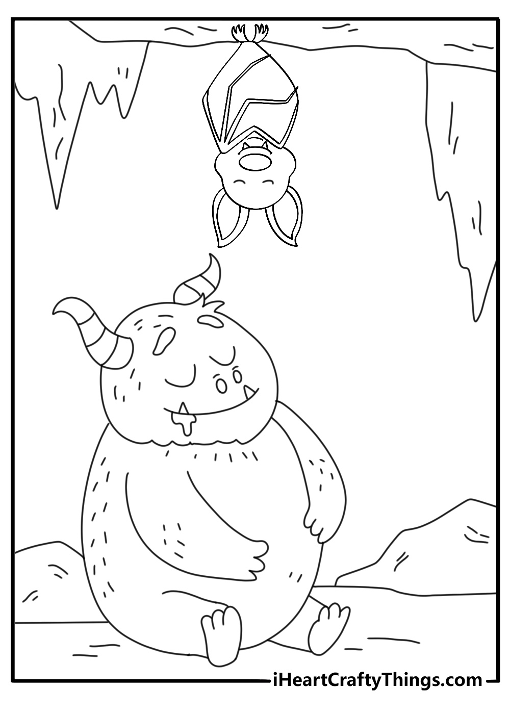 Simple monster printable with a sleepy cave creature under hanging bats