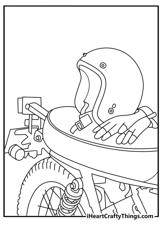 Simple motorcycle coloring page with a helmet and gloves on a seat