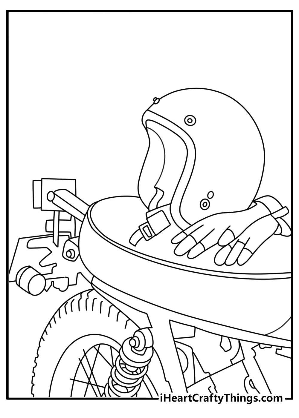 Simple motorcycle coloring page with a helmet and gloves on a seat