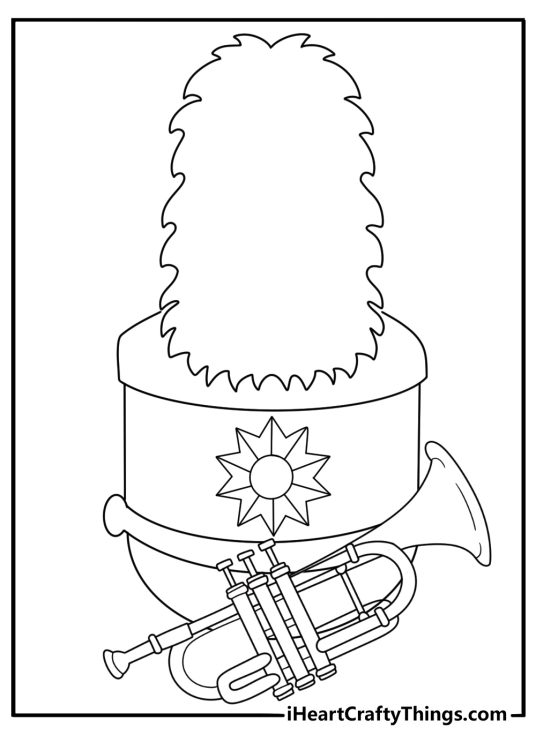 Simple music coloring pdf trumpet with marching band hat ready to download