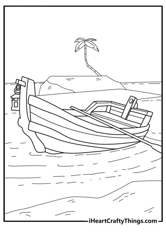Simple pirate coloring pages with a rowboat heading toward hidden treasure