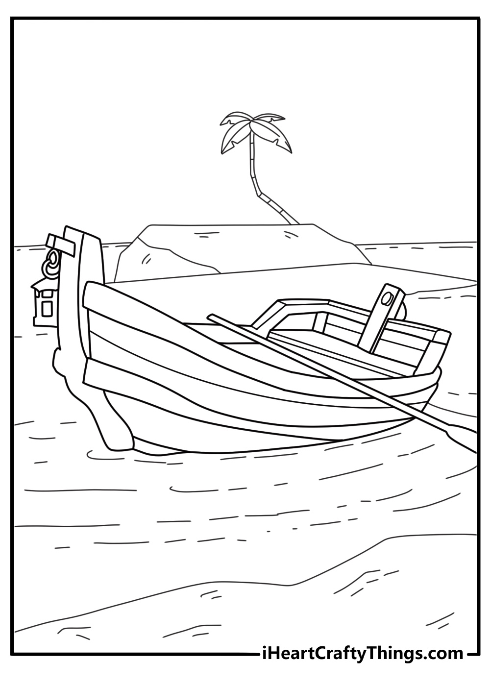 Simple pirate coloring pages with a rowboat heading toward hidden treasure
