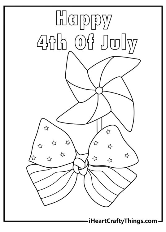 Simple printable 4th of July coloring sheet with a pinwheel and ribbon bow