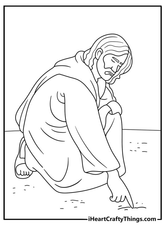 Simple printable Jesus coloring sheet with Jesus writing on the ground