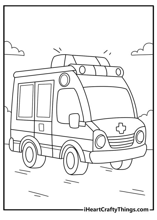 Simple printable ambulance coloring sheet with a siren on top and wide front grill