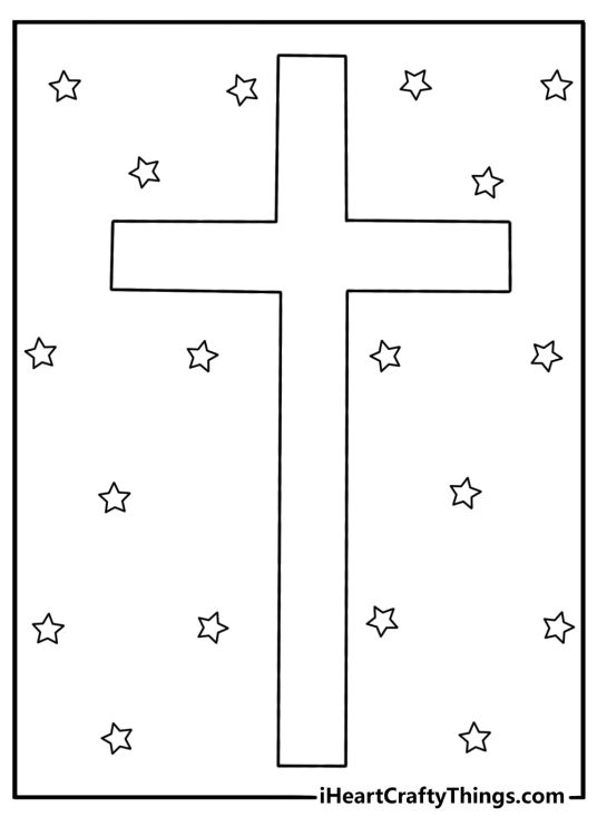 Simple printable cross coloring sheet with a cross and tiny stars