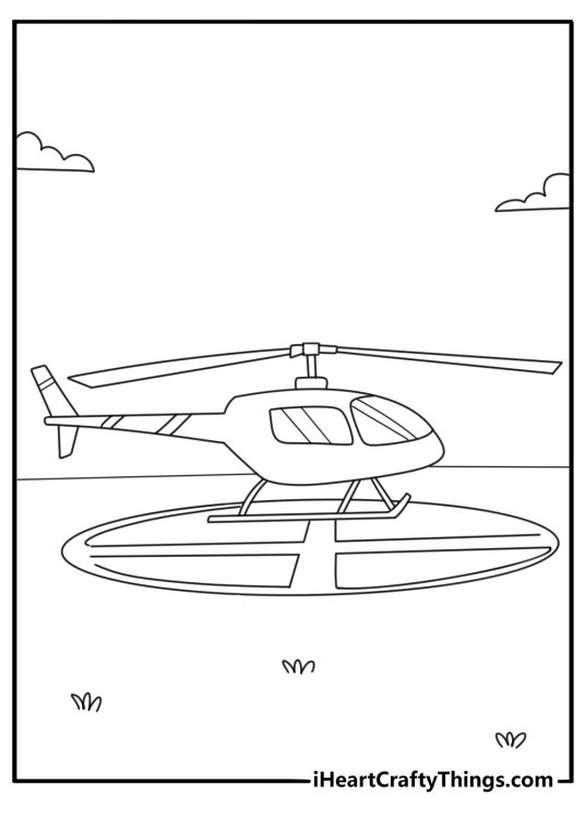 Simple printable helicopter coloring sheet with a helicopter parked on a helipad
