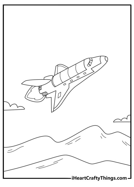 Simple spaceship coloring page showing shuttle flying over mountain landscape