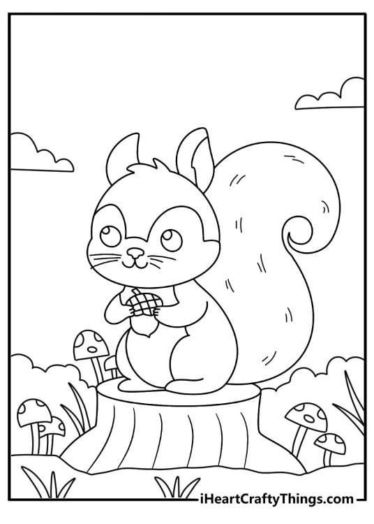 Simple squirrel coloring page with a small squirrel beside a mushroom