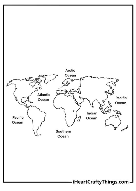 Simple world map coloring page with all continents outlined and large oceans labeled