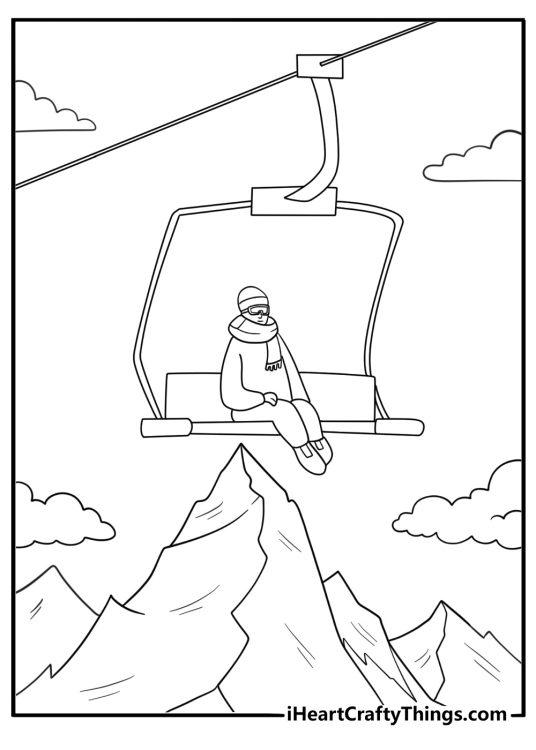 Skiers riding chairlift on bright January mountain slope coloring sheet